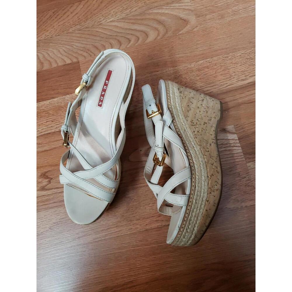 PRADA WHITE LEATHER GOLD CORK WEDGE  STRAPPY Platform WOMEN'S SANDALS Sz 38.5/ 8